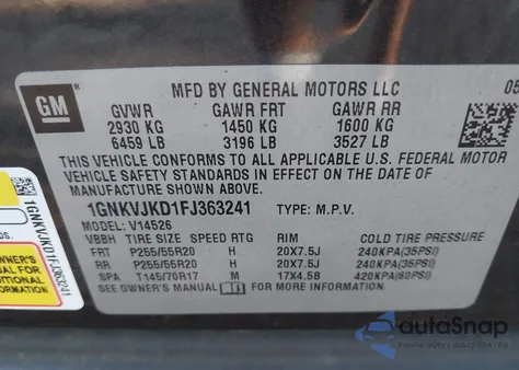 2015 Chevrolet Traverse Ltz из США, поврежденный, VIN 1GNKVJKD1FJ363241